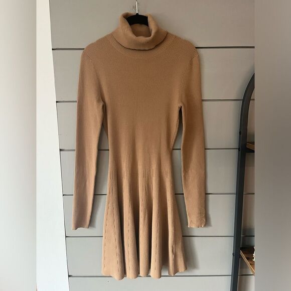 A.L.C Delia Turtleneck Rib Flare Tan size M sweater knit dress fit & flare EUC - Picture 2 of 6